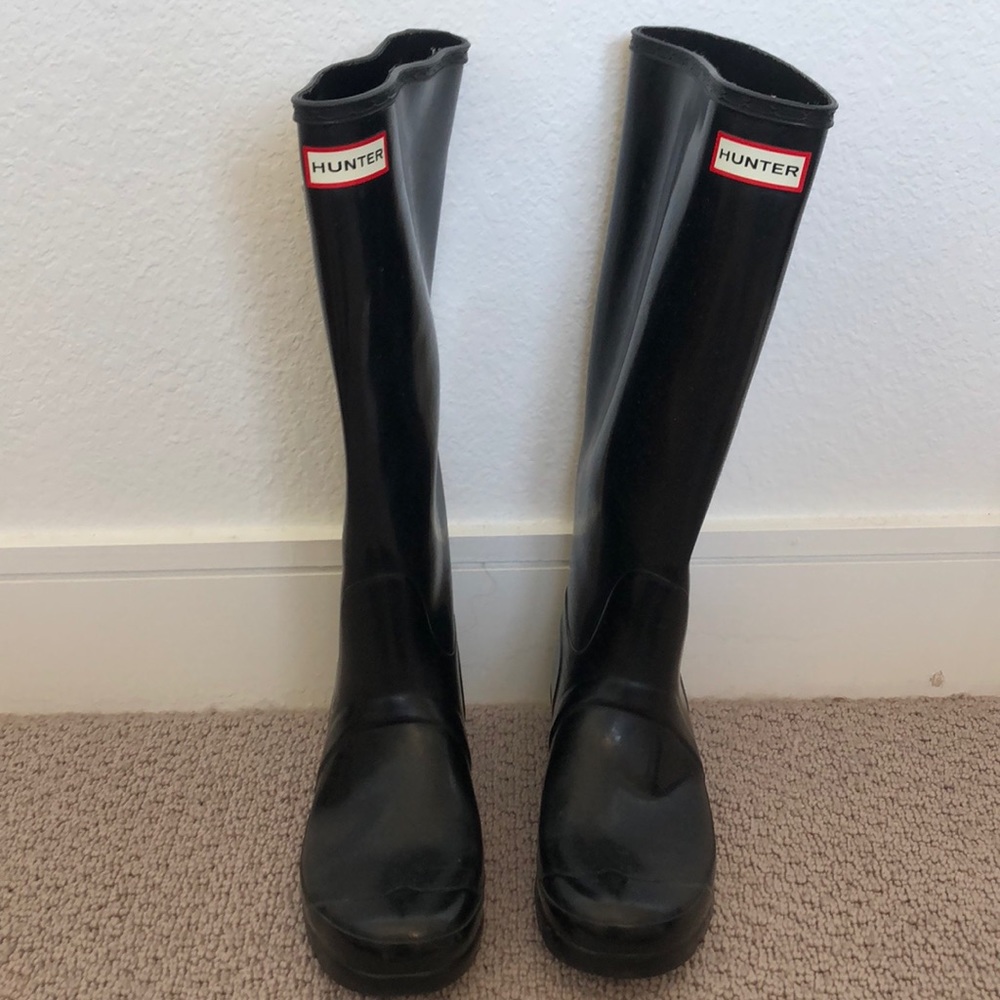 Black knee high hunter rain boots